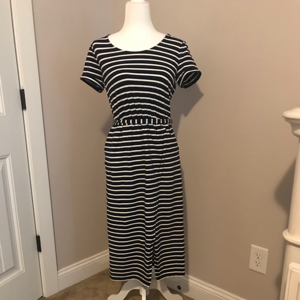 BODEN midi casual white navy striped dress 6 new